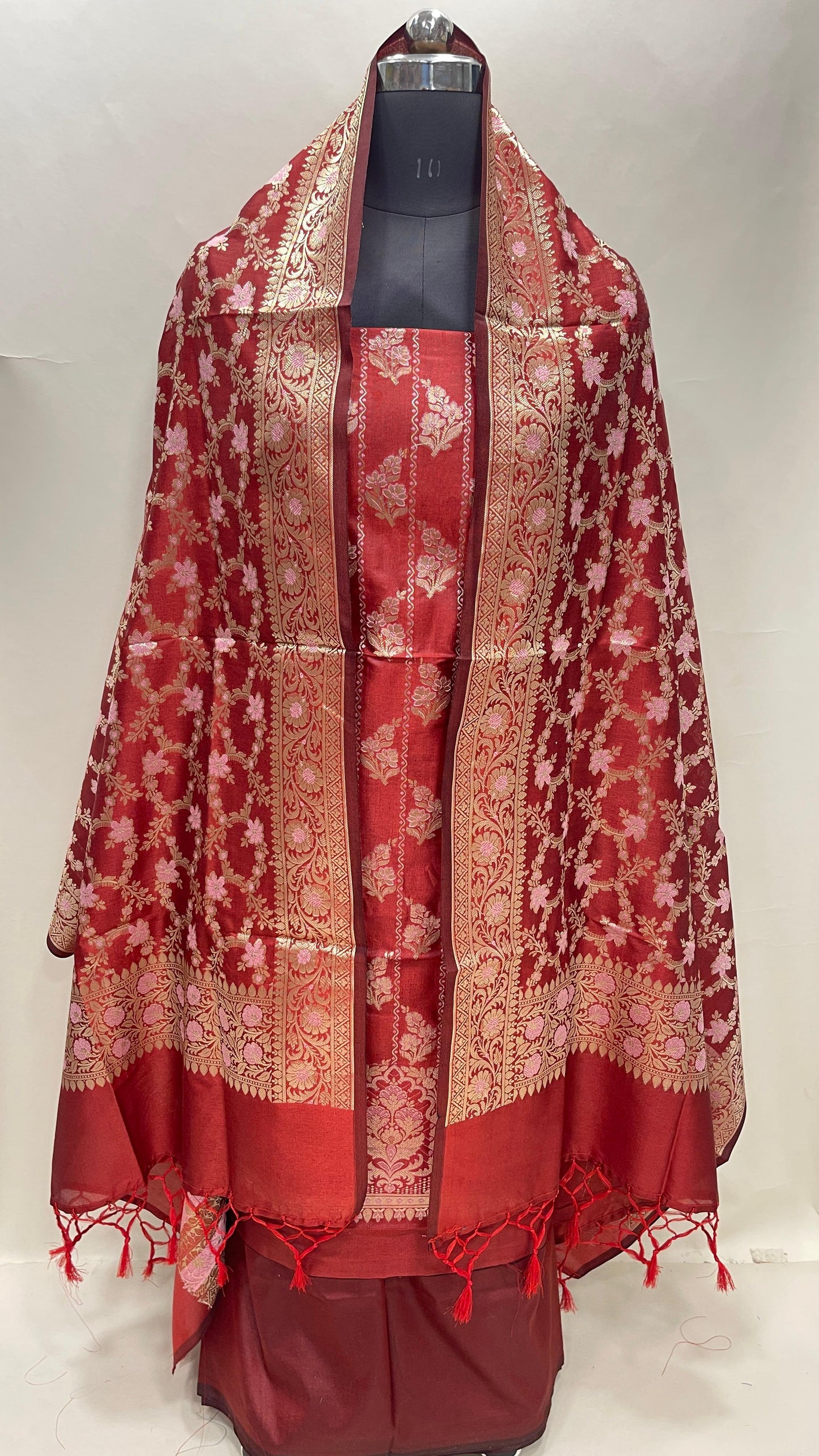 Faishana Presents Red Semi Katan Silk Floral Minakari Booti Stripe 3 pcs Suit Set with Plain Bottom and Minakari Floral Zari Jaal Red Dupatta ASD_143
