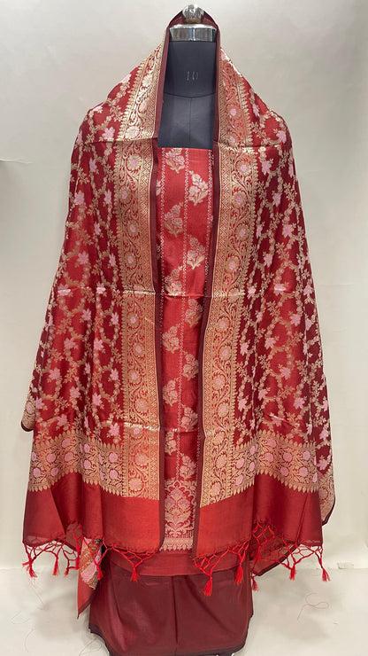 Faishana Presents Red Semi Katan Silk Floral Minakari Booti Stripe 3 pcs Suit Set with Plain Bottom and Minakari Floral Zari Jaal Red Dupatta ASD_143