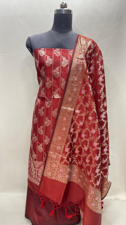 Faishana Presents Red Semi Katan Silk Floral Minakari Booti Stripe 3 pcs Suit Set with Plain Bottom and Minakari Floral Zari Jaal Red Dupatta ASD_143