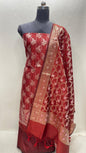 Faishana Presents Red Semi Katan Silk Floral Minakari Booti Stripe 3 pcs Suit Set with Plain Bottom and Minakari Floral Zari Jaal Red Dupatta ASD_143