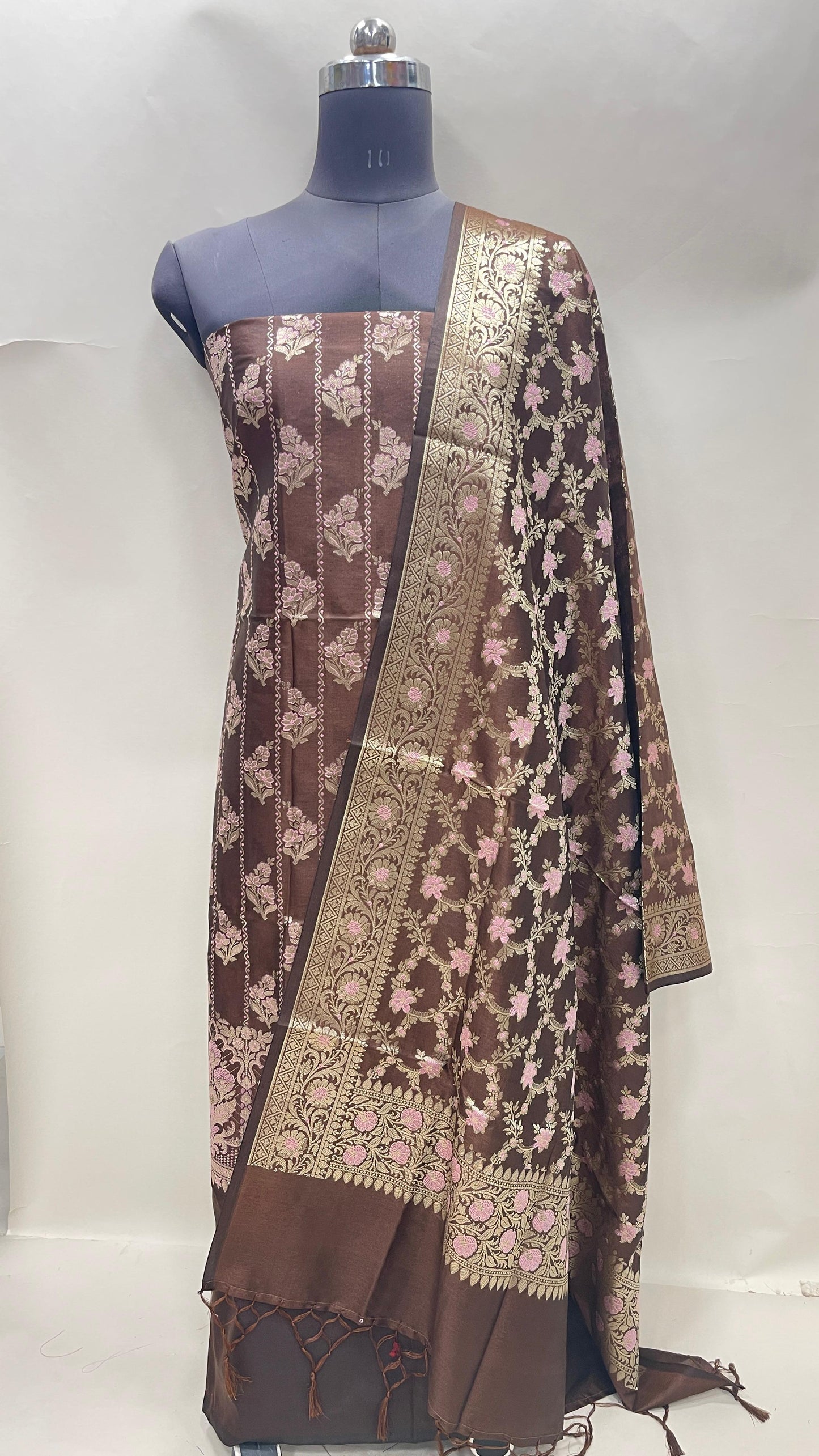Faishana Presents Brown Semi Katan Silk Floral Minakari Booti Stripe 3 pcs Suit Set with Plain Bottom and Minakari Floral Zari Jaal Brown Dupatta ASD_144