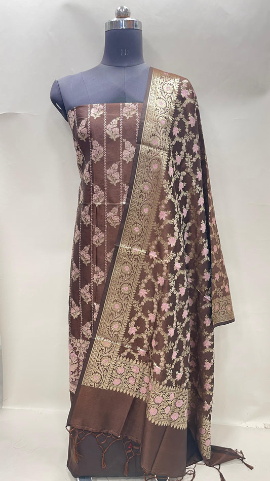 Faishana Presents Brown Semi Katan Silk Floral Minakari Booti Stripe 3 pcs Suit Set with Plain Bottom and Minakari Floral Zari Jaal Brown Dupatta ASD_144