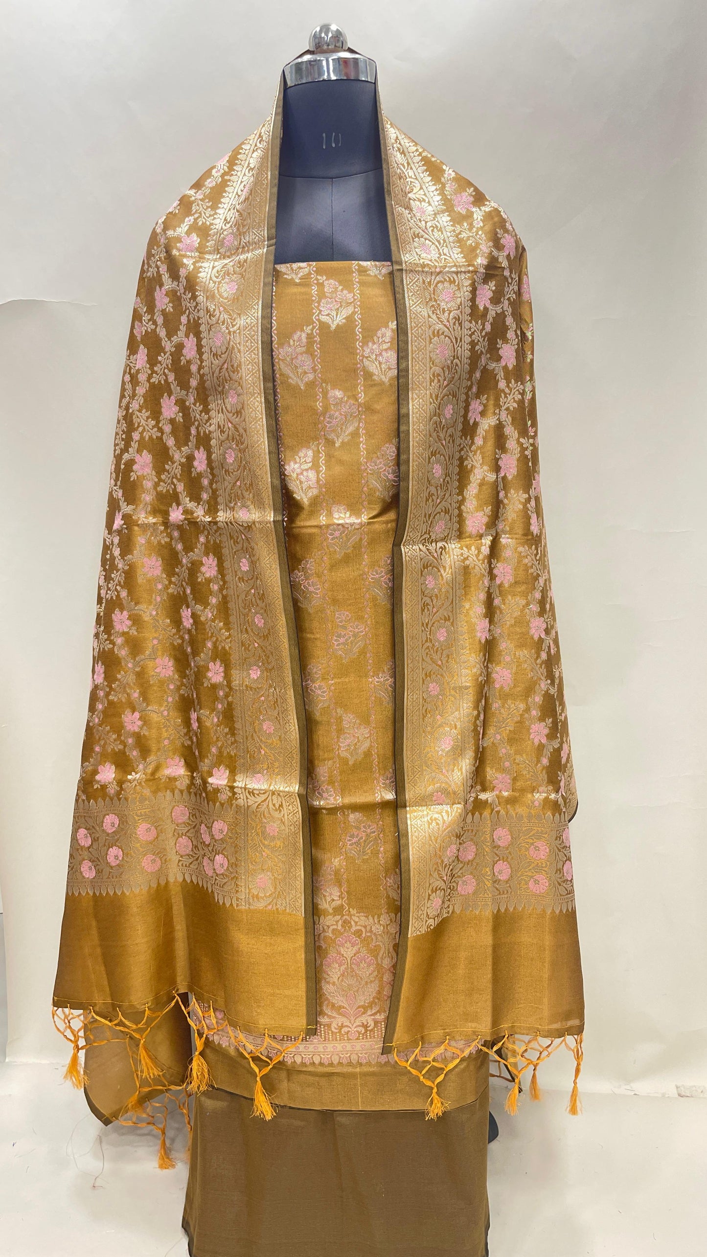 Faishana Presents Mustard Gold Semi Katan Silk Floral Minakari Booti Stripe 3 pcs Suit Set with Plain Bottom and Minakari Floral Zari Jaal Mustard Gold Dupatta ASD_145