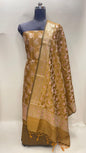 Faishana Presents Mustard Gold Semi Katan Silk Floral Minakari Booti Stripe 3 pcs Suit Set with Plain Bottom and Minakari Floral Zari Jaal Mustard Gold Dupatta ASD_145