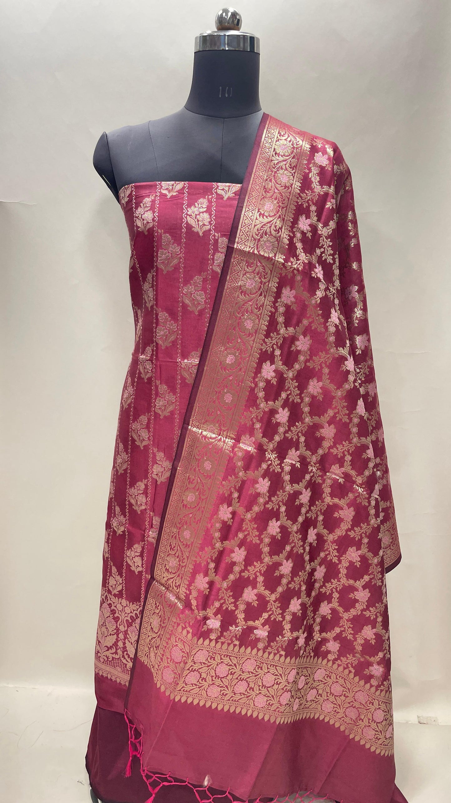 Faishana Presents Magenta Semi Katan Silk Floral Minakari Booti Stripe 3 pcs Suit Set with Plain Bottom and Minakari Floral Zari Jaal Magenta Dupatta ASD_146