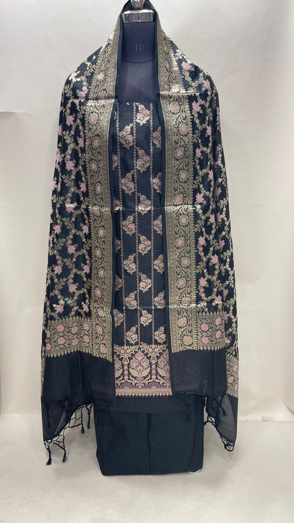 Faishana Presents Black Semi Katan Silk Floral Minakari Booti Stripe 3 pcs Suit Set with Plain Bottom and Minakari Floral Zari Jaal Black Dupatta 147