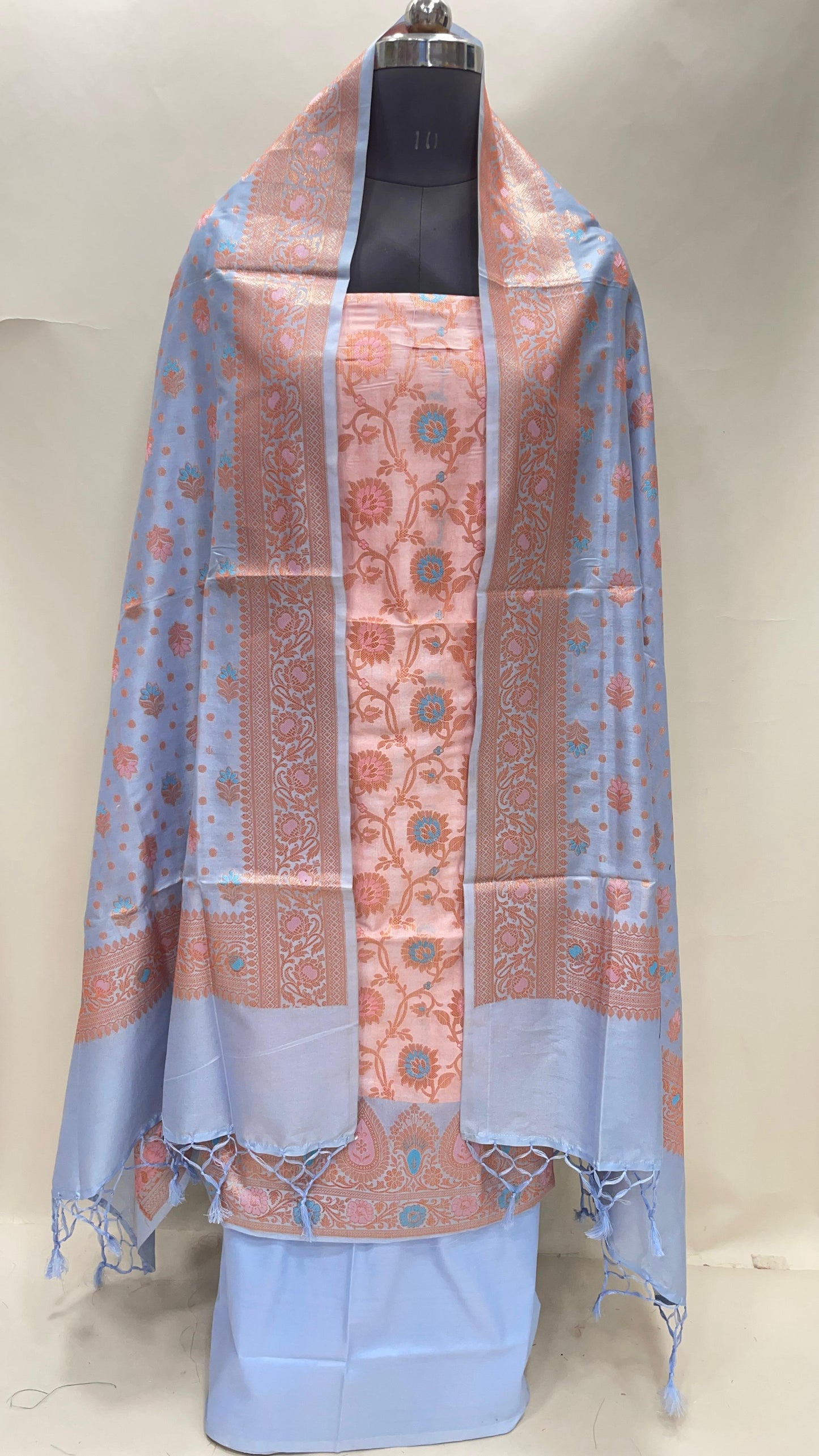 Humairah Presents Light Pink Semi Katan Silk Floral Minakari Jaal 3 pcs Suit Set with Contrast Blue Bottom and Minakari Floral Booti Sky Blue Dupatta ASD_148