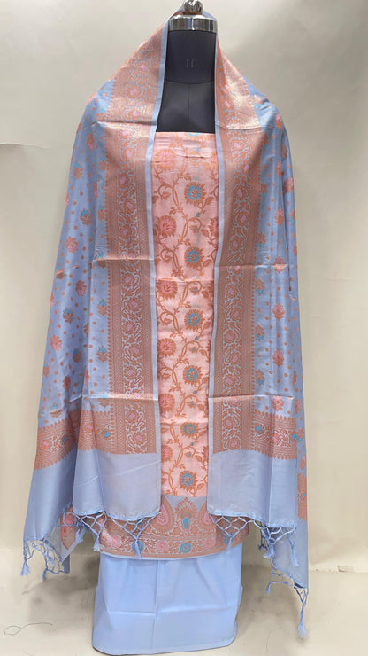 Humairah Presents Light Pink Semi Katan Silk Floral Minakari Jaal 3 pcs Suit Set with Contrast Blue Bottom and Minakari Floral Booti Sky Blue Dupatta ASD_148