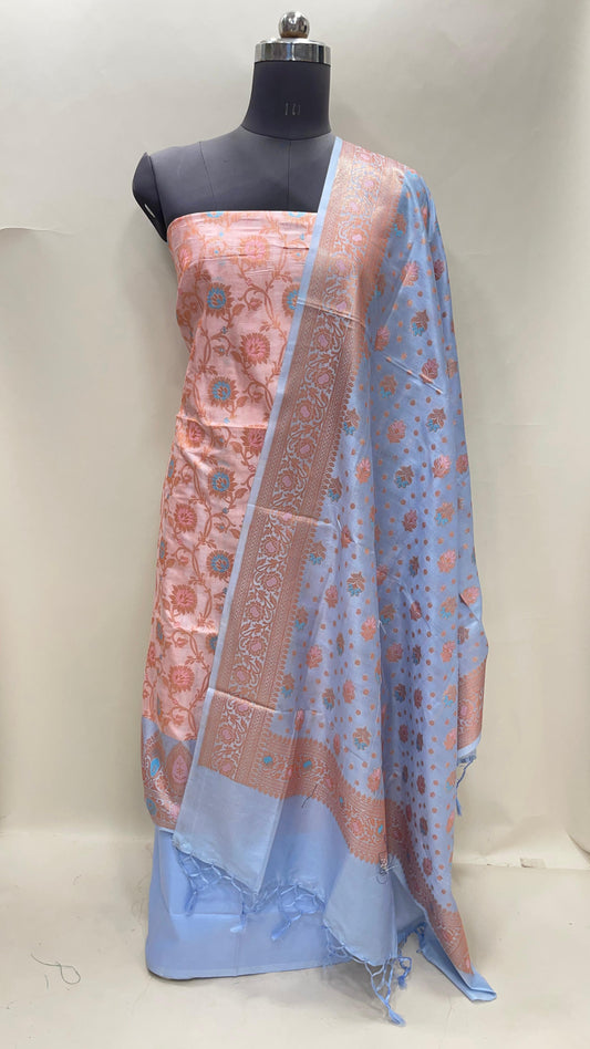 Humairah Presents Light Pink Semi Katan Silk Floral Minakari Jaal 3 pcs Suit Set with Contrast Blue Bottom and Minakari Floral Booti Sky Blue Dupatta ASD_148