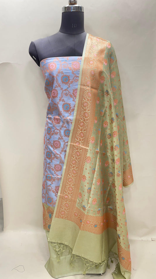 Faishana Presents Sky Blue Semi Katan Silk Floral Minakari Jaal 3 pcs Suit Set with Contrast Green Bottom and Minakari Floral Booti Light Green Dupatta ASD_149