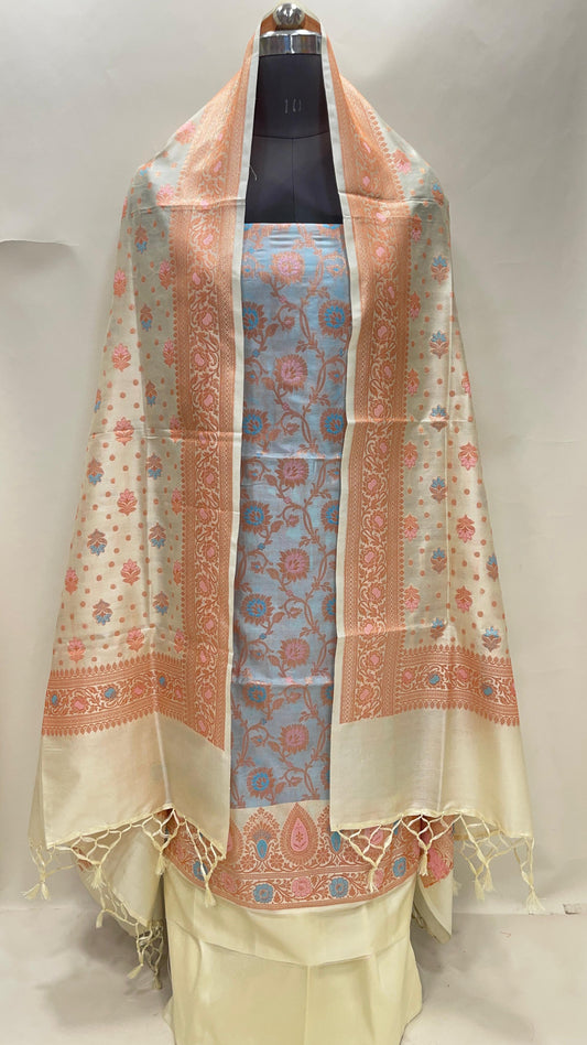 Faishana Presents Sky Blue Semi Katan Silk Floral Minakari Jaal 3 pcs Suit Set with Contrast Lemon Yellow Bottom and Minakari Floral Booti Lemon Yellow Dupatta ASD_151