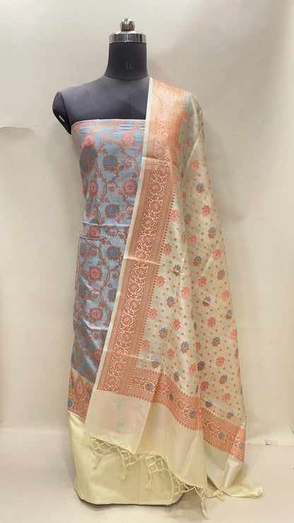 Faishana Presents Sky Blue Semi Katan Silk Floral Minakari Jaal 3 pcs Suit Set with Contrast Lemon Yellow Bottom and Minakari Floral Booti Lemon Yellow Dupatta ASD_151