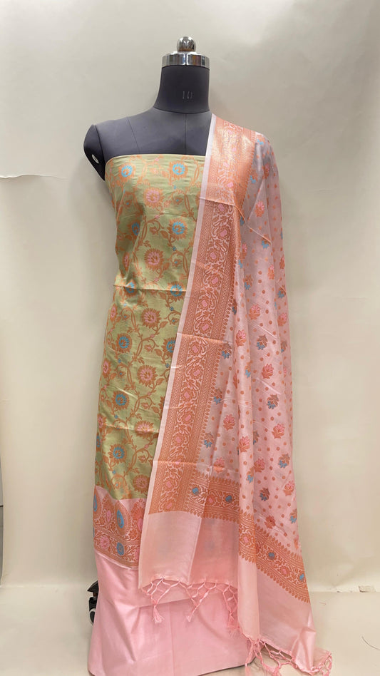 Faishana Presents Pista Green Semi Katan Silk Floral Minakari Jaal 3 pcs Suit Set with Contrast Baby Pink Bottom and Minakari Floral Booti Baby Pink Dupatta ASD_152
