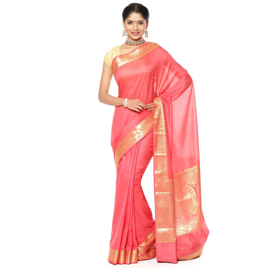 Faishana Presents Peach Katan Silk Plain Zari Anchal With Contrast Black Zari Border Banarasi Saree