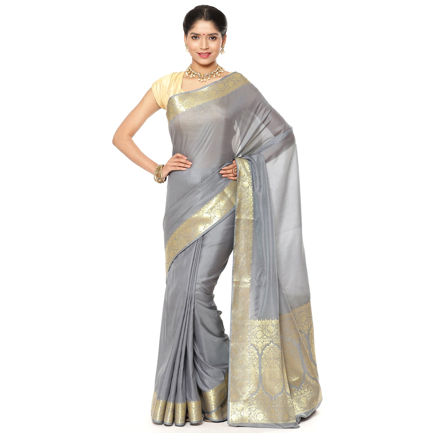 Grey Katan Silk Banarasi Sarees For Women GEASF205