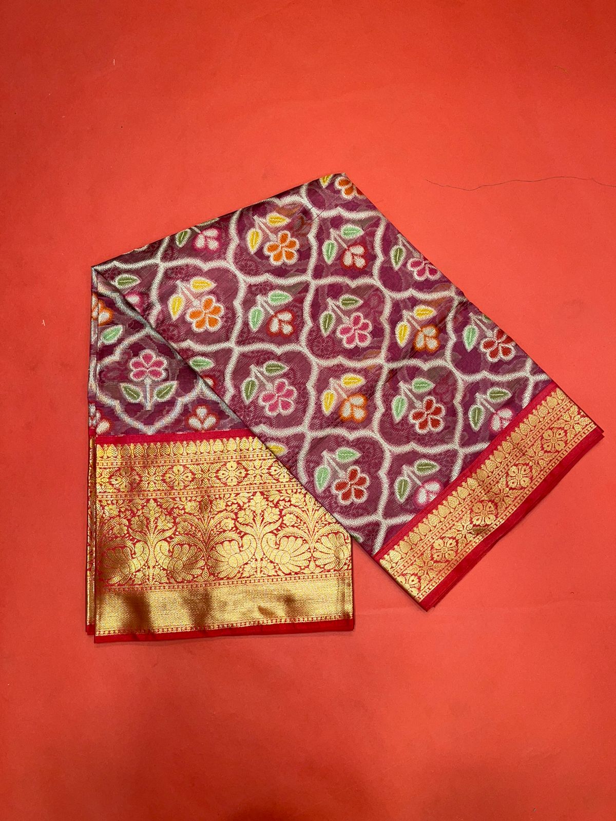 Faishana Presents Magenta & Red Ikkat Patola Art Silk Skirt Pattu Border With Red Blouse Banarasi Saree