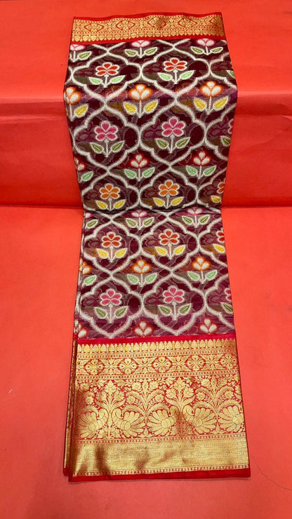 Faishana Presents Magenta & Red Ikkat Patola Art Silk Skirt Pattu Border With Red Blouse Banarasi Saree