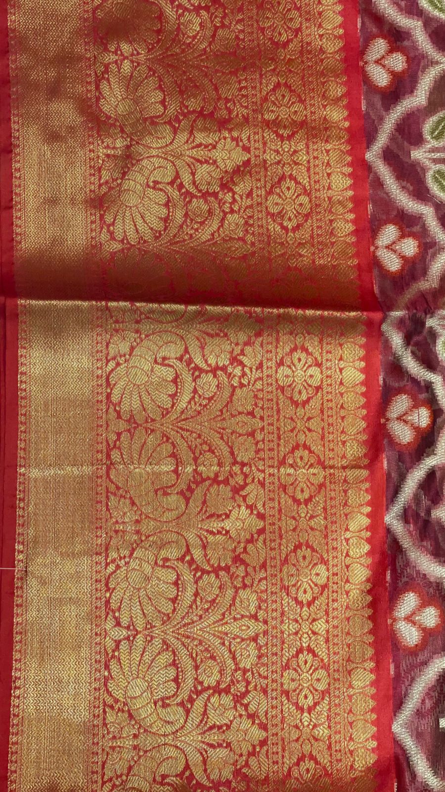 Faishana Presents Magenta & Red Ikkat Patola Art Silk Skirt Pattu Border With Red Blouse Banarasi Saree