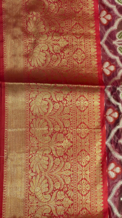 Faishana Presents Magenta & Red Ikkat Patola Art Silk Skirt Pattu Border With Red Blouse Banarasi Saree