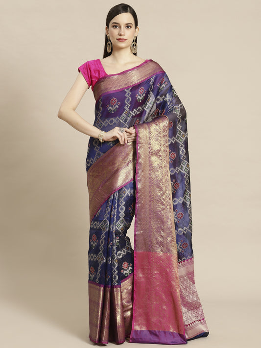 Faishana Presents Royal Blue & Magenta Ikkat Patola Art Silk Skirt Pattu Border with Magenta Blouse Banarasi Saree