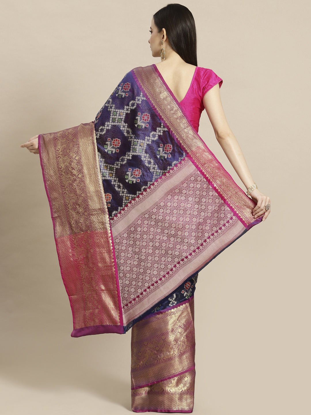 Faishana Presents Royal Blue & Magenta Ikkat Patola Art Silk Skirt Pattu Border with Magenta Blouse Banarasi Saree