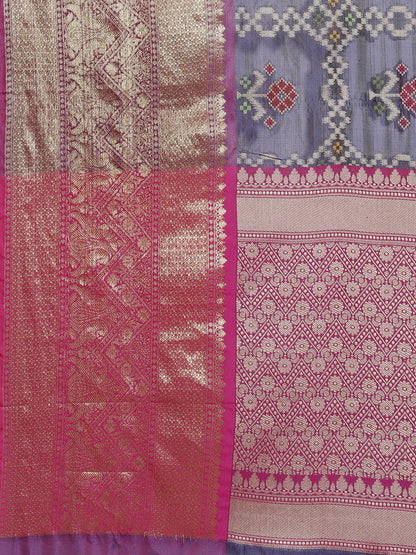 Faishana Presents Royal Blue & Magenta Ikkat Patola Art Silk Skirt Pattu Border with Magenta Blouse Banarasi Saree