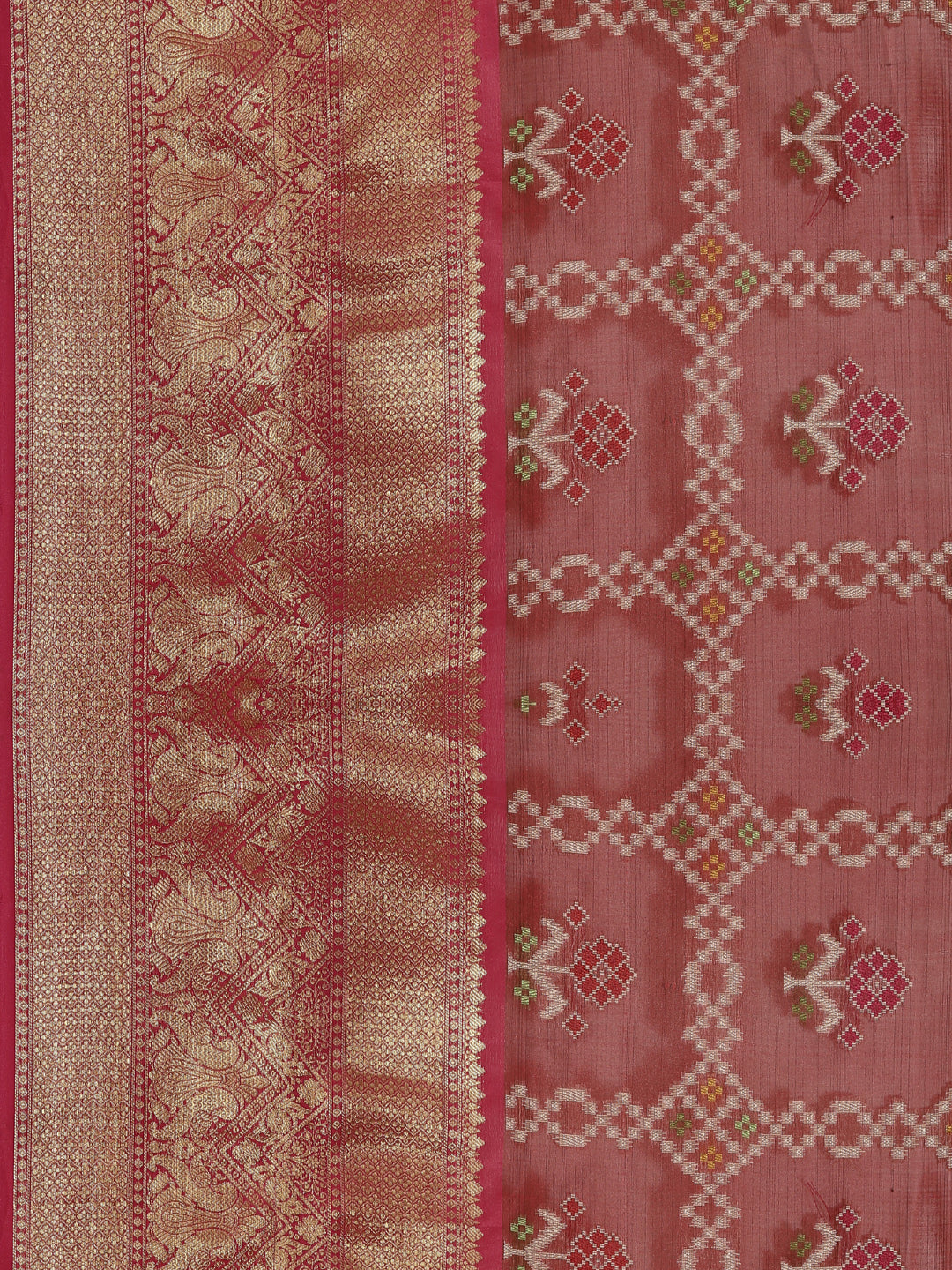 Faishana Presents Maroon & Pink Ikkat Patola Art Silk Kanchi Pattu Border With Pink Blouse Banarasi Saree