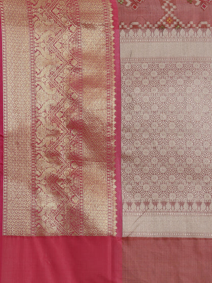 Faishana Presents Maroon & Pink Ikkat Patola Art Silk Kanchi Pattu Border With Pink Blouse Banarasi Saree