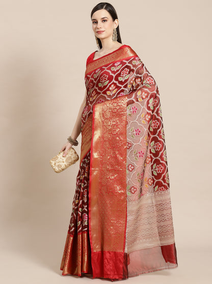 Faishana Presents Maroon & Red Ikkat Patola Art Silk Kanchi Pattu Border With Red Blouse Banarasi Saree