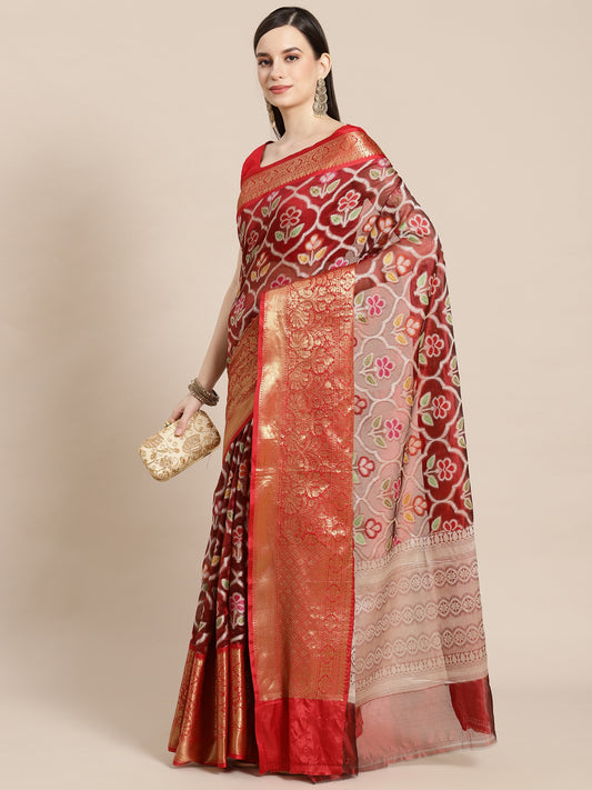 Faishana Presents Maroon & Red Ikkat Patola Art Silk Kanchi Pattu Border With Red Blouse Banarasi Saree