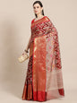Faishana Presents Maroon & Red Ikkat Patola Art Silk Kanchi Pattu Border With Red Blouse Banarasi Saree