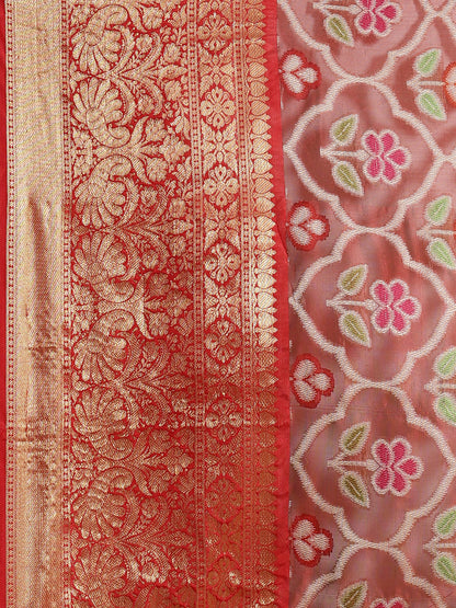 Faishana Presents Maroon & Red Ikkat Patola Art Silk Kanchi Pattu Border With Red Blouse Banarasi Saree