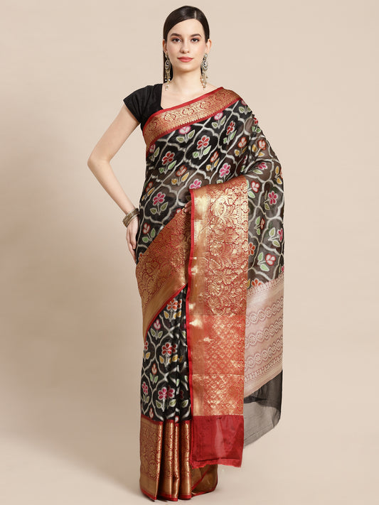 Faishana Presents Black & Maroon Ikkat Patola Art Silk Skirt Pattu Border With Maroon Blouse Banarasi Saree