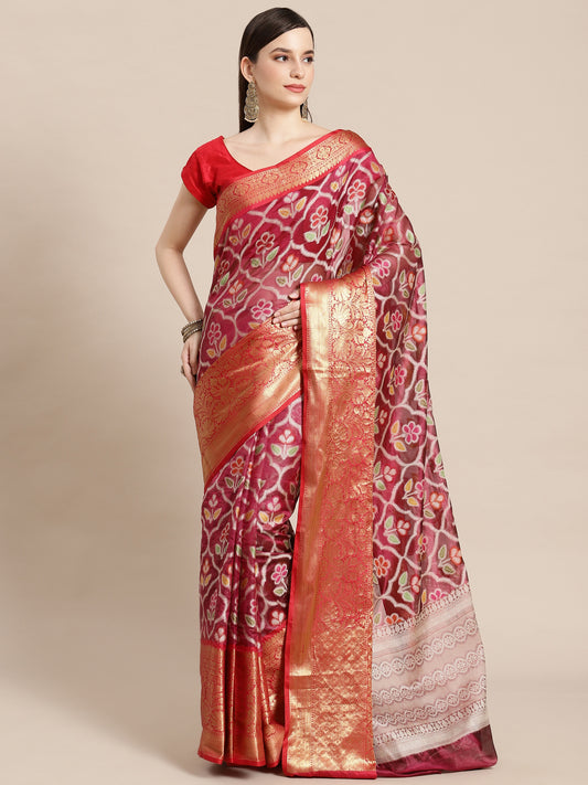 Faishana Presents Magenta & Red Ikkat Patola Art Silk Skirt Pattu Border With Red Blouse Banarasi Saree