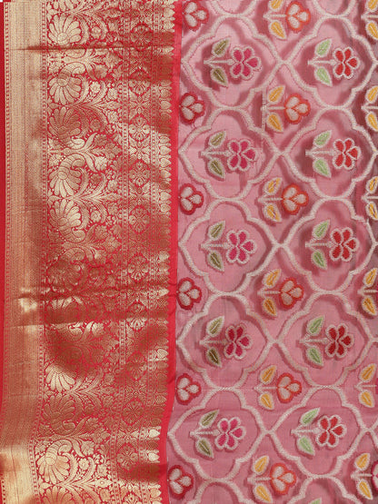 Faishana Presents Magenta & Red Ikkat Patola Art Silk Skirt Pattu Border With Red Blouse Banarasi Saree