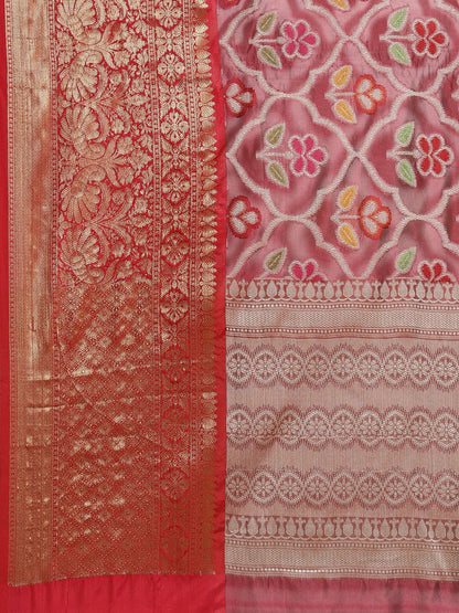 Faishana Presents Magenta & Red Ikkat Patola Art Silk Skirt Pattu Border With Red Blouse Banarasi Saree