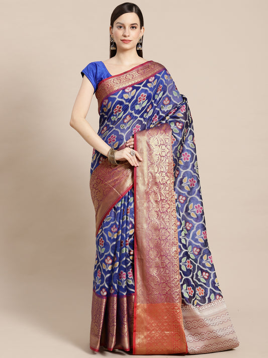 Faishana Presents Royal Blue & Magenta Ikkat Patola Art Silk Skirt Pattu Border With Magenta Blouse Banarasi Saree