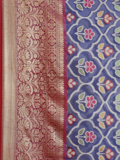 Faishana Presents Royal Blue & Magenta Ikkat Patola Art Silk Skirt Pattu Border With Magenta Blouse Banarasi Saree