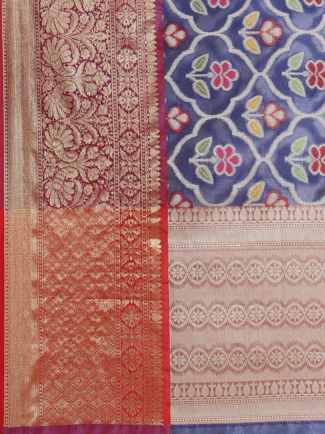Faishana Presents Royal Blue & Magenta Ikkat Patola Art Silk Skirt Pattu Border With Magenta Blouse Banarasi Saree