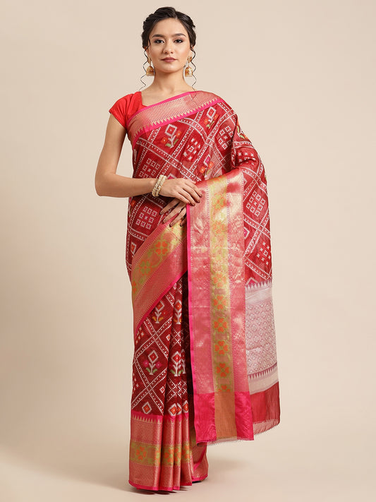 Faishana Presents Maroon & Pink Ikkat Patola Art Silk Skirt Ikkat Pattu Border With Pink Blouse Banarasi Saree