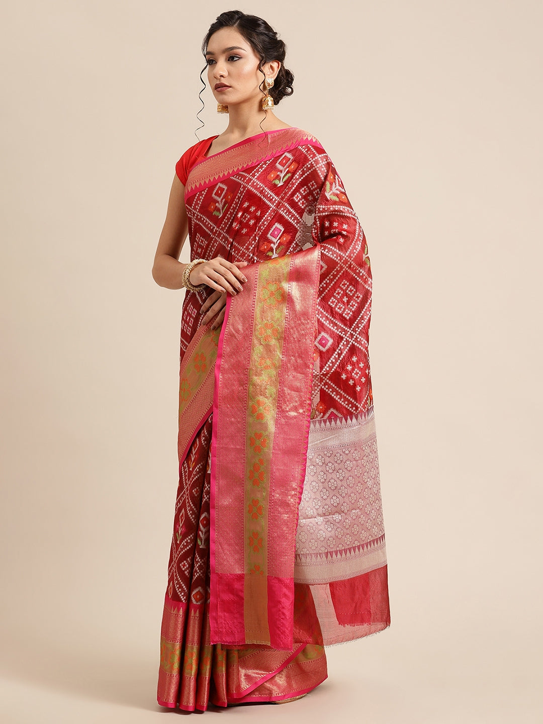 Faishana Presents Maroon & Pink Ikkat Patola Art Silk Skirt Ikkat Pattu Border With Pink Blouse Banarasi Saree