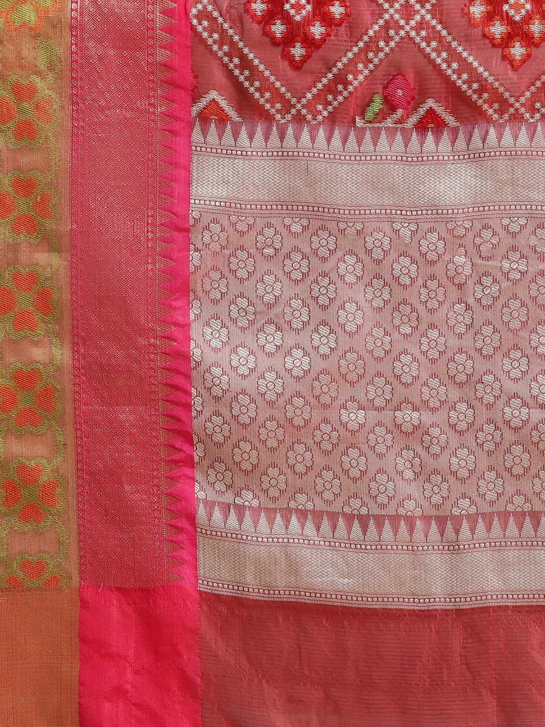 Faishana Presents Maroon & Pink Ikkat Patola Art Silk Skirt Ikkat Pattu Border With Pink Blouse Banarasi Saree