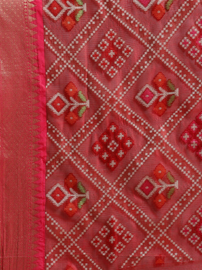 Faishana Presents Maroon & Pink Ikkat Patola Art Silk Skirt Ikkat Pattu Border With Pink Blouse Banarasi Saree