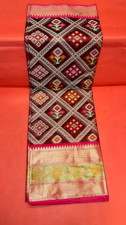 Faishana Presents Maroon & Pink Ikkat Patola Art Silk Skirt Ikkat Pattu Border With Pink Blouse Banarasi Saree