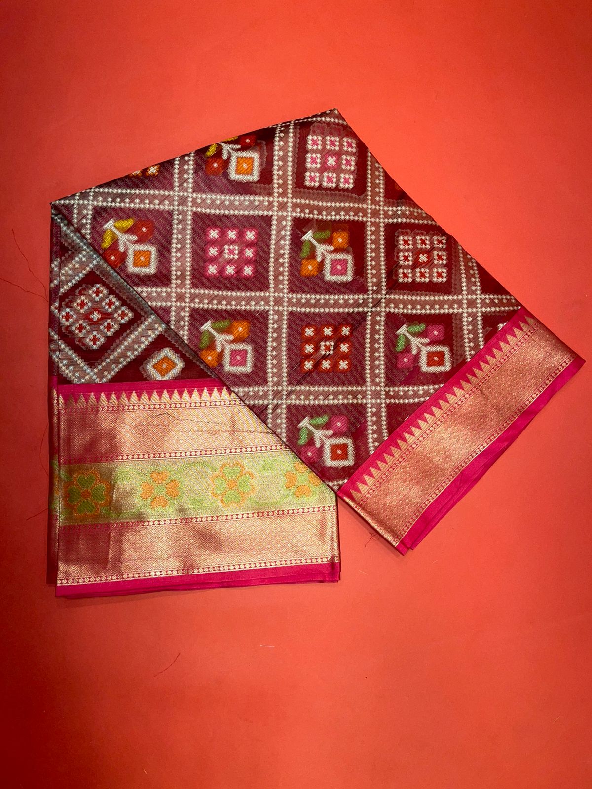 Faishana Presents Maroon & Pink Ikkat Patola Art Silk Skirt Ikkat Pattu Border With Pink Blouse Banarasi Saree