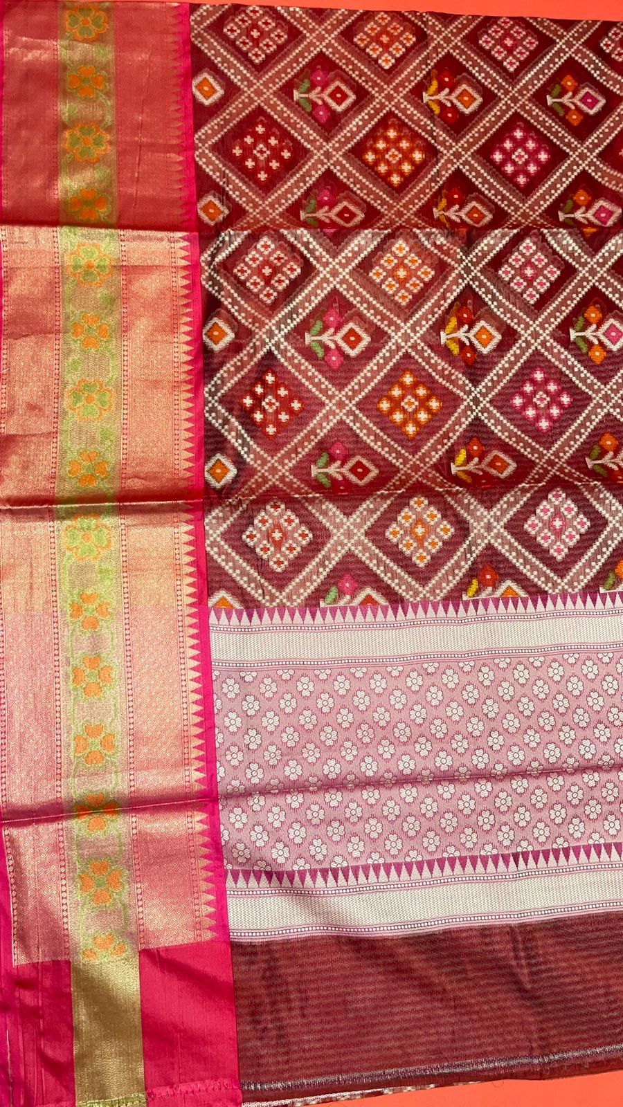 Faishana Presents Maroon & Pink Ikkat Patola Art Silk Skirt Ikkat Pattu Border With Pink Blouse Banarasi Saree