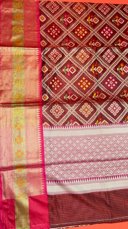 Faishana Presents Maroon & Pink Ikkat Patola Art Silk Skirt Ikkat Pattu Border With Pink Blouse Banarasi Saree