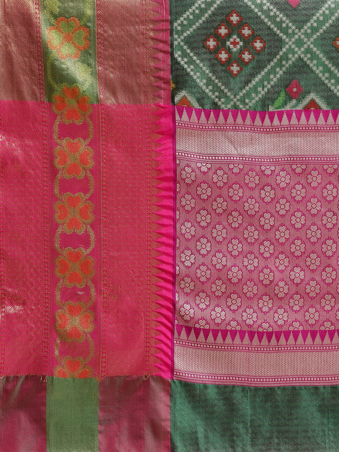 Faishana Presents Green & Pink Ikkat Patola Art Silk Skirt Ikkat Pattu Border With Pink Blouse Saree