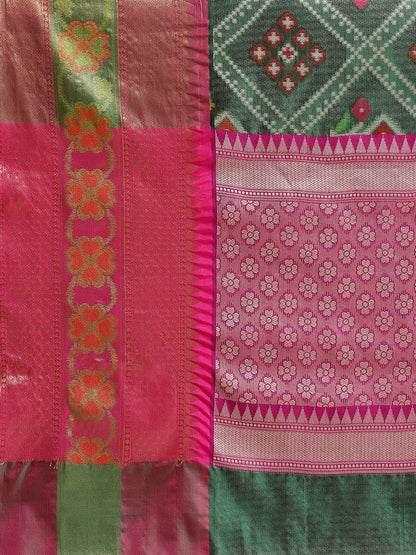 Faishana Presents Green & Pink Ikkat Patola Art Silk Skirt Ikkat Pattu Border With Pink Blouse Saree