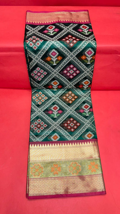 Faishana Presents Green & Pink Ikkat Patola Art Silk Skirt Ikkat Pattu Border With Pink Blouse Saree